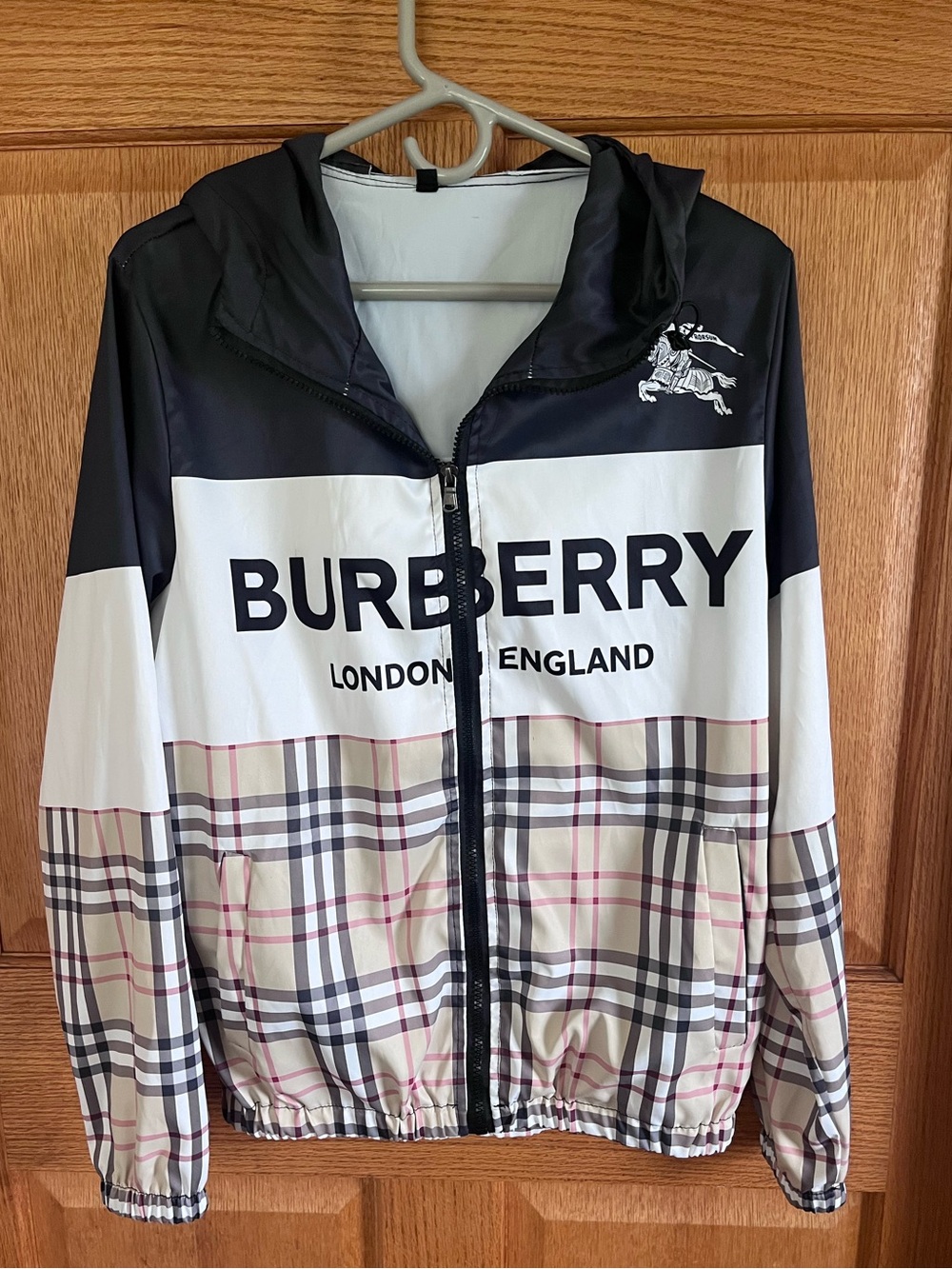 Burberry Black, White & Beige nylon Plaid Zip-Up Windbreaker